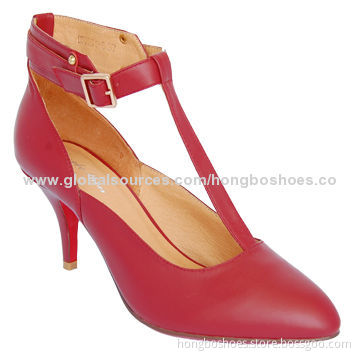 Ladies' Court Leather Shoe, T-straps, Pointed Toe, Rubber Outsole, High-heel